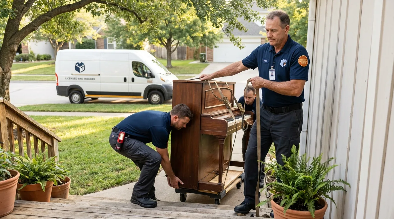 Licensed piano movers securing grand piano in Browning, MT